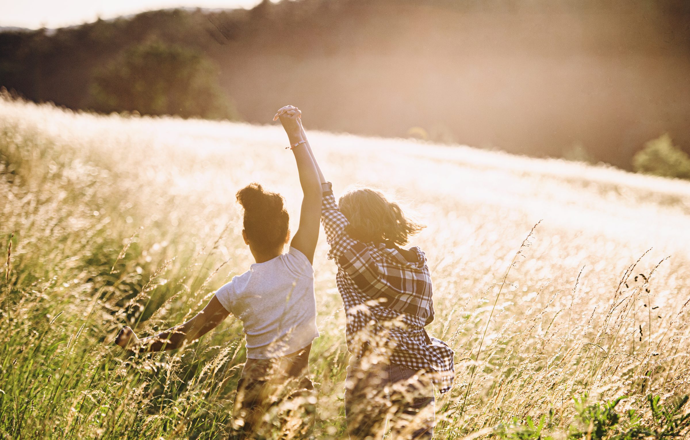 Two people together in a sunlit field